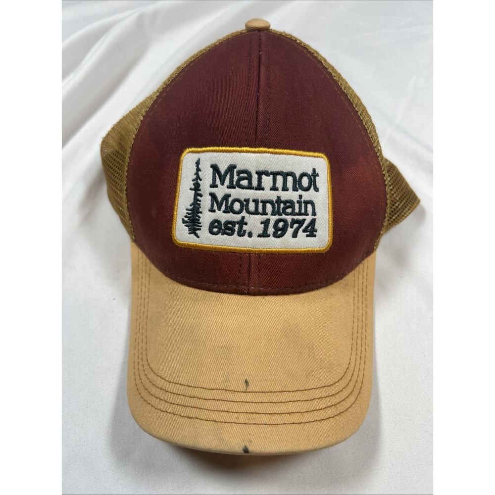Marmot Mountain Est. 1974 Trucker Hat Mesh Snapback Maroon Mustard Outdoor Cap